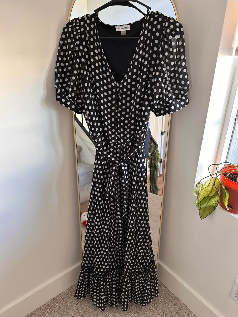 Calvin Klein Black & White Polka Dot Maxi Dress with Tie Waist
